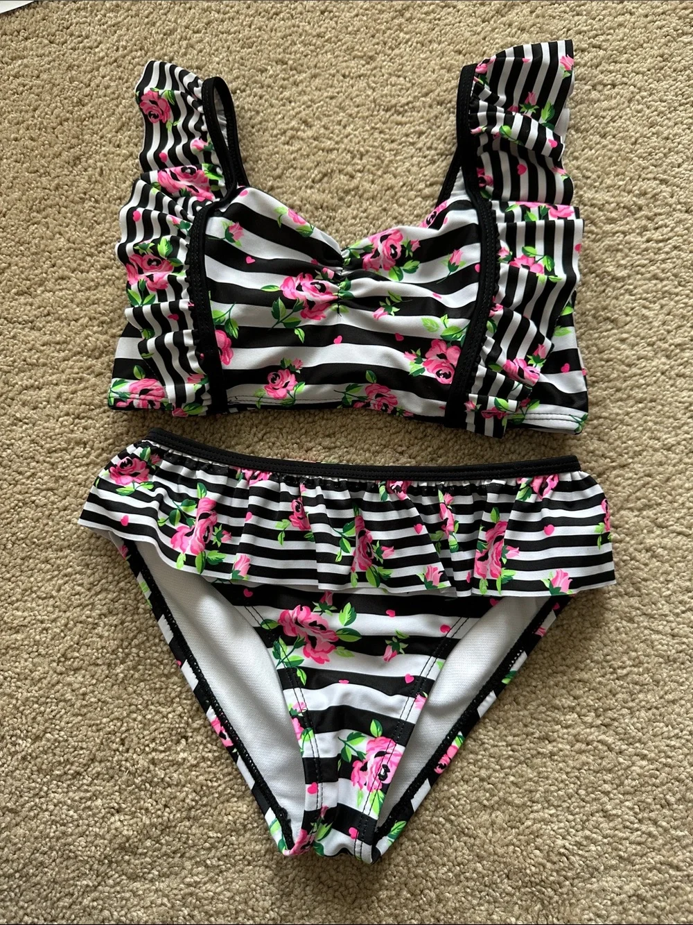 Betsey Johnson Black & White Striped Bikini with Pink Floral Print